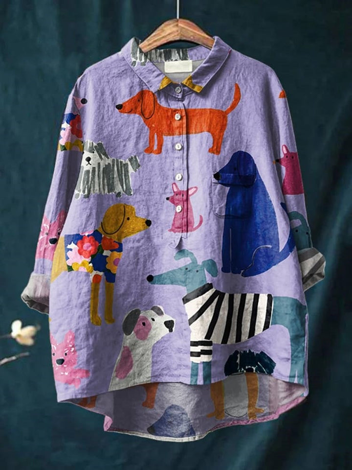 Camisa oversize de algodón para mujer, estampado artístico floral vibrante, estilo casual de verano.
