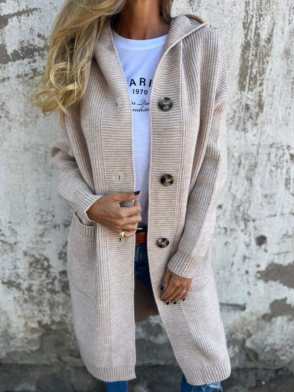 Cárdigan largo de punto con capucha y bolsillos para mujer, ideal para otoño e invierno.