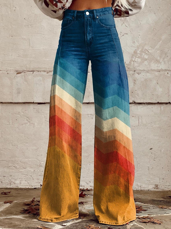 Pantalón acampanado retro SPECTRA mujer, estampado vibrante. Estilo bohemio, festival o casual de verano.