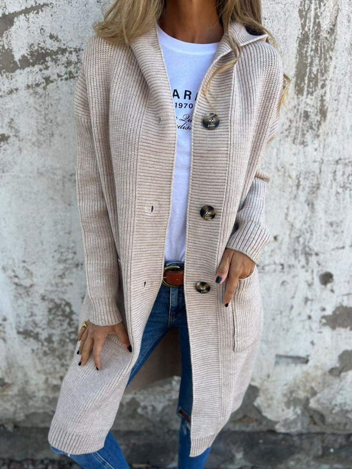 Suave cárdigan de punto largo para mujer, con capucha y bolsillos, perfecto abrigo casual de otoño.