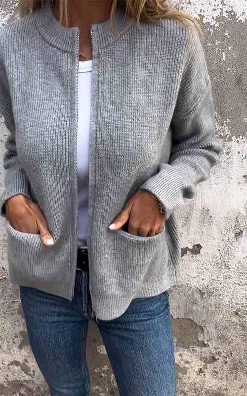 Chaqueta de punto de algodón cálida con cremallera para mujer, ideal para otoño/invierno.