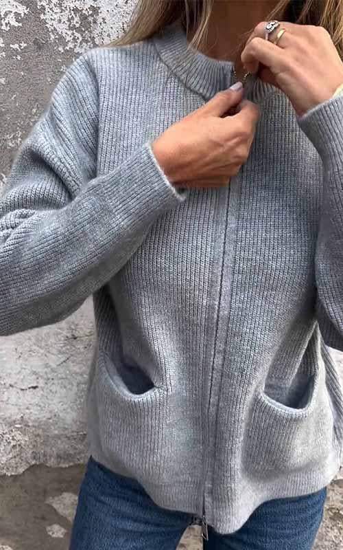 Cómoda chaqueta casual de punto de algodón con cremallera para mujer, perfecta para el día a día.