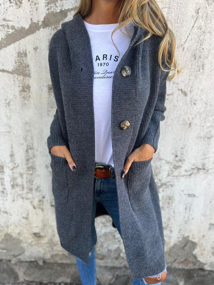 Cárdigan de mujer con capucha y bolsillos, tejido de punto largo, cómodo y a la moda para días fríos.