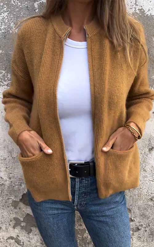 Chaqueta de algodón tejida para mujer, con cremallera; prenda de punto cálida y cómoda para invierno.