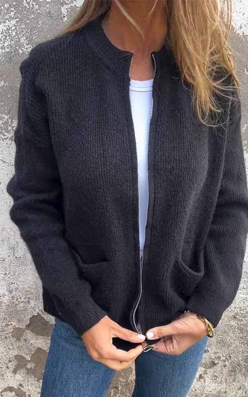 Chaqueta de punto de algodón con cremallera, versátil y cómoda para mujer, estilo casual de otoño.