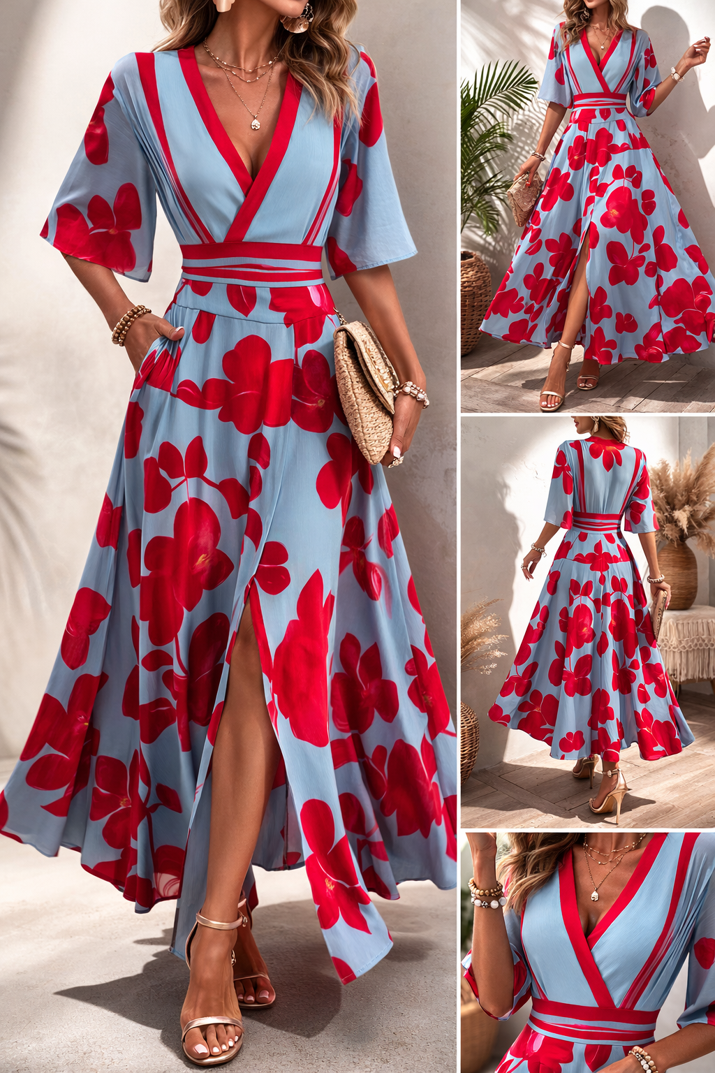 Vestido floral estampado de mujer, corte largo, escote en V y cintura ajustable para un look veraniego chic.