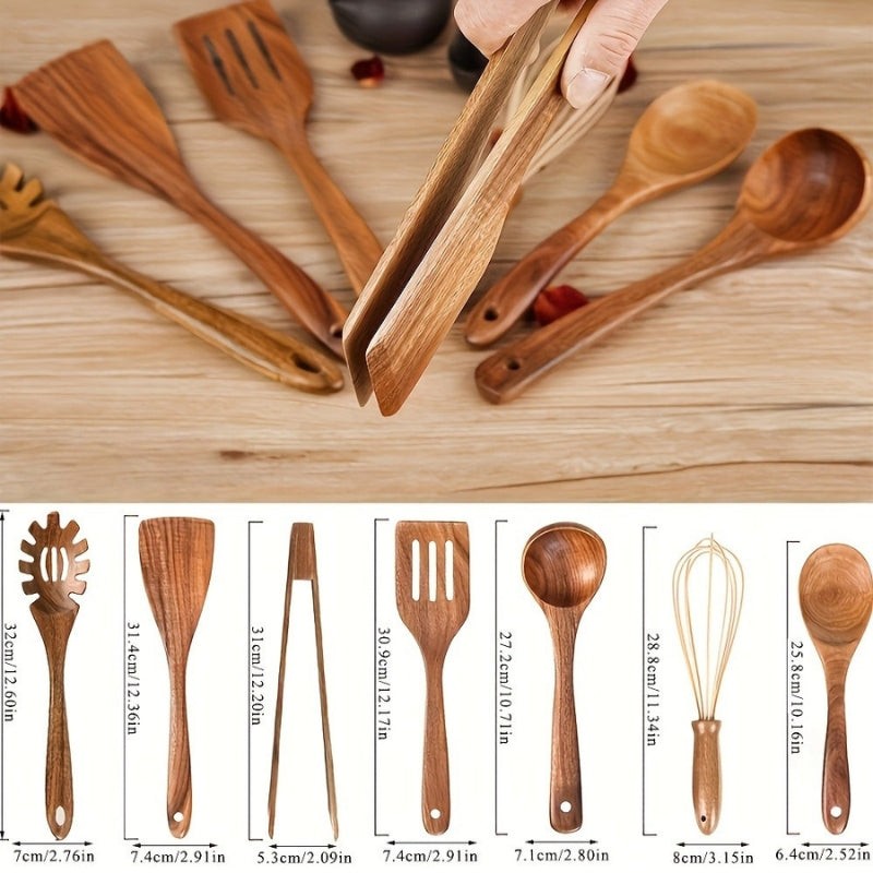 Set ergonómico de 7 utensilios de cocina de madera natural para un manejo cómodo y seguro en tu hogar.