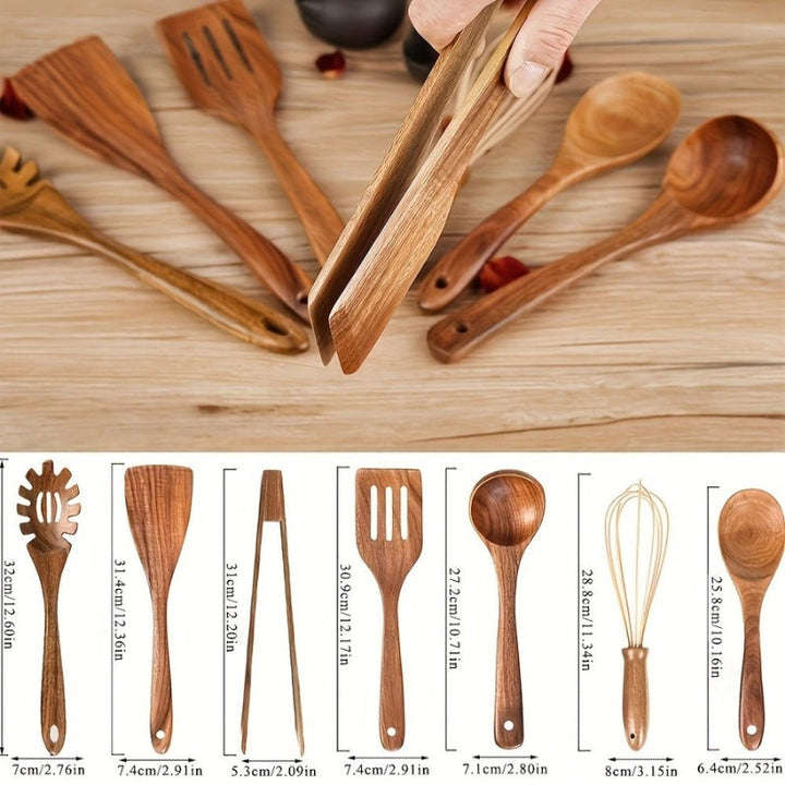 Set ergonómico de 7 utensilios de cocina de madera natural para un manejo cómodo y seguro en tu hogar.