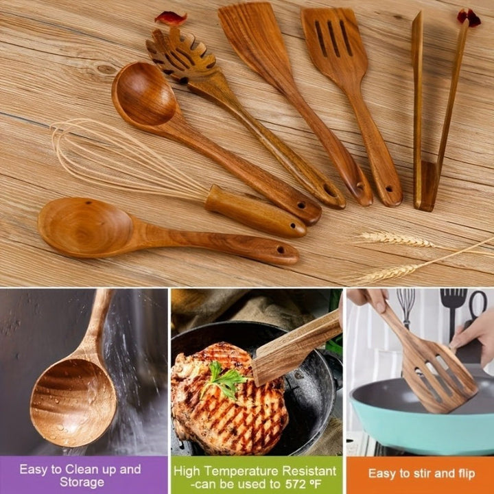 Atractivo juego de 7 utensilios de cocina de madera natural, añade calidez y funcionalidad a tu cocina.