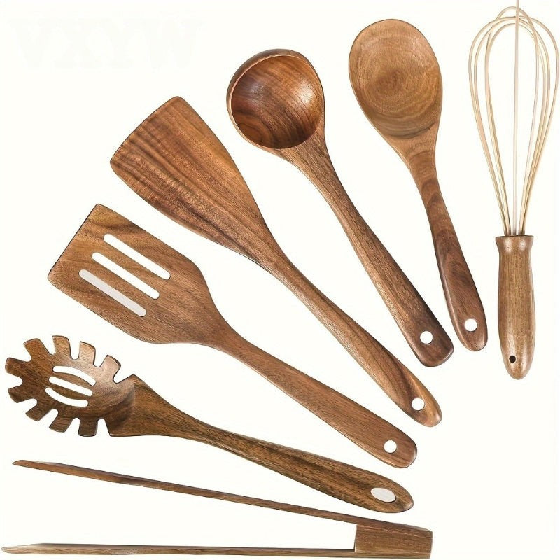 Práctico set de 7 utensilios de cocina de madera, un regalo funcional y natural para cualquier amante del hogar.