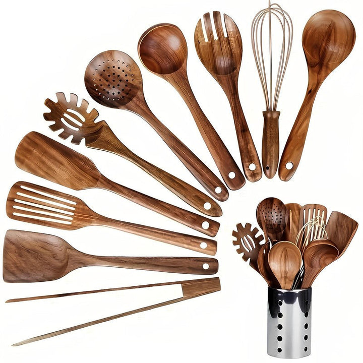 Juego de 11 utensilios de cocina de teca, accesorios esenciales de madera para tu cocina.
