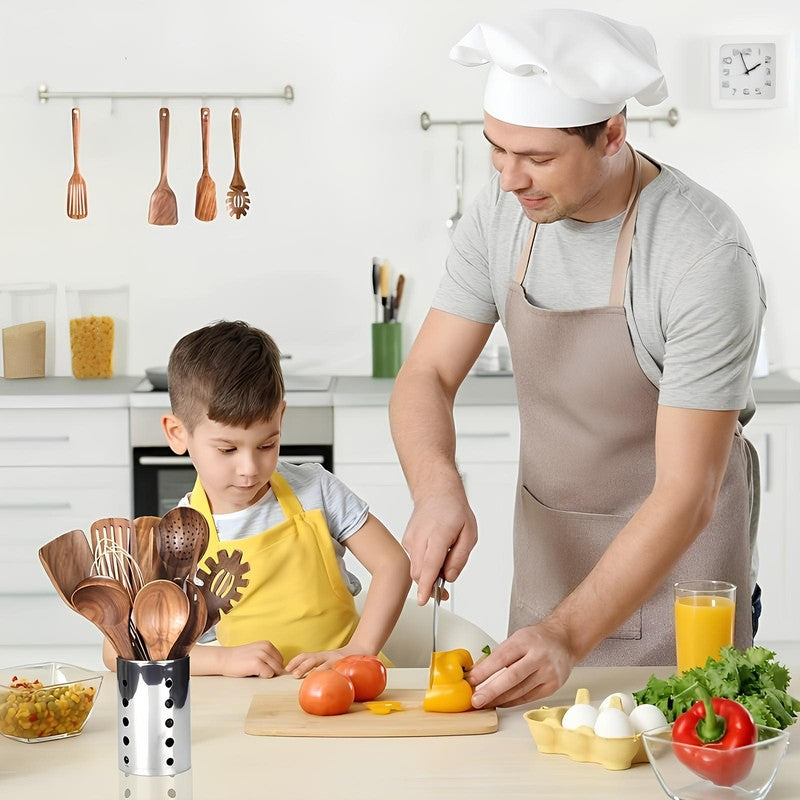 Set completo de utensilios de cocina de teca, con espátula, cuchara y más. Regalo ideal.