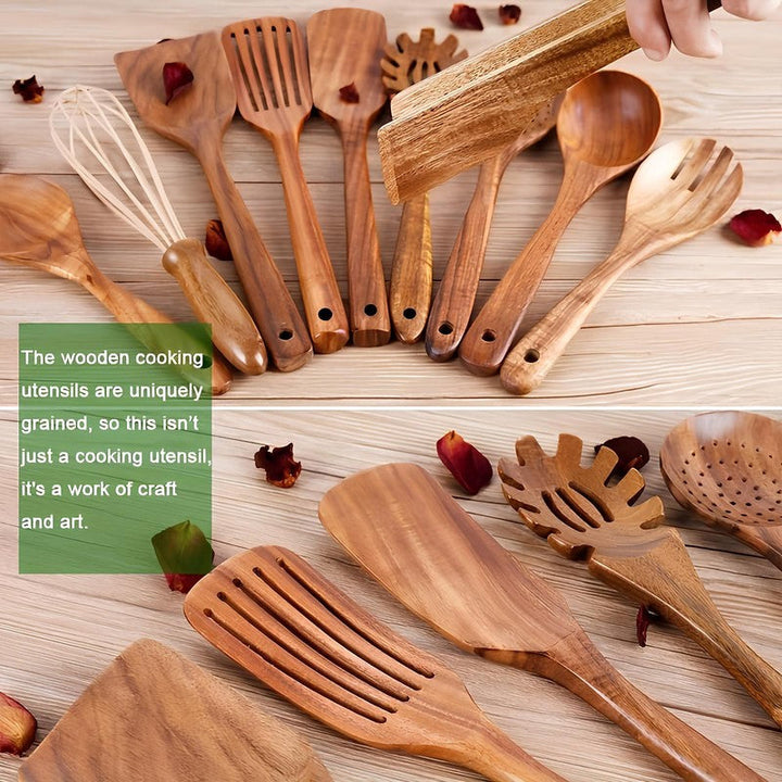 Accesorios de cocina de teca maciza, un set funcional y decorativo para cualquier hogar moderno.