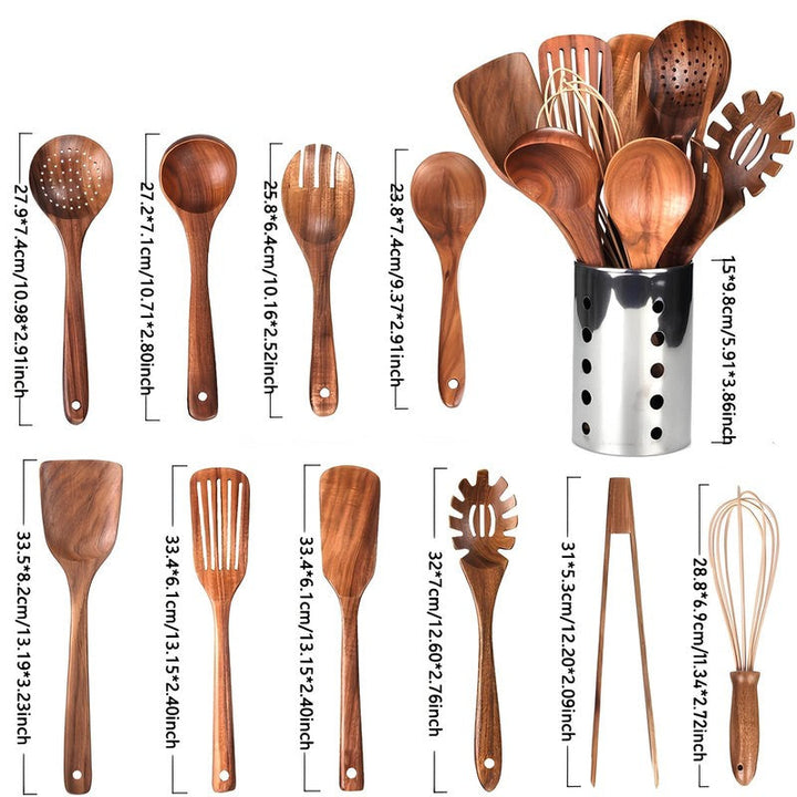 Colección de 11 utensilios de teca para cocina, set esencial de menaje de madera natural y resistente.