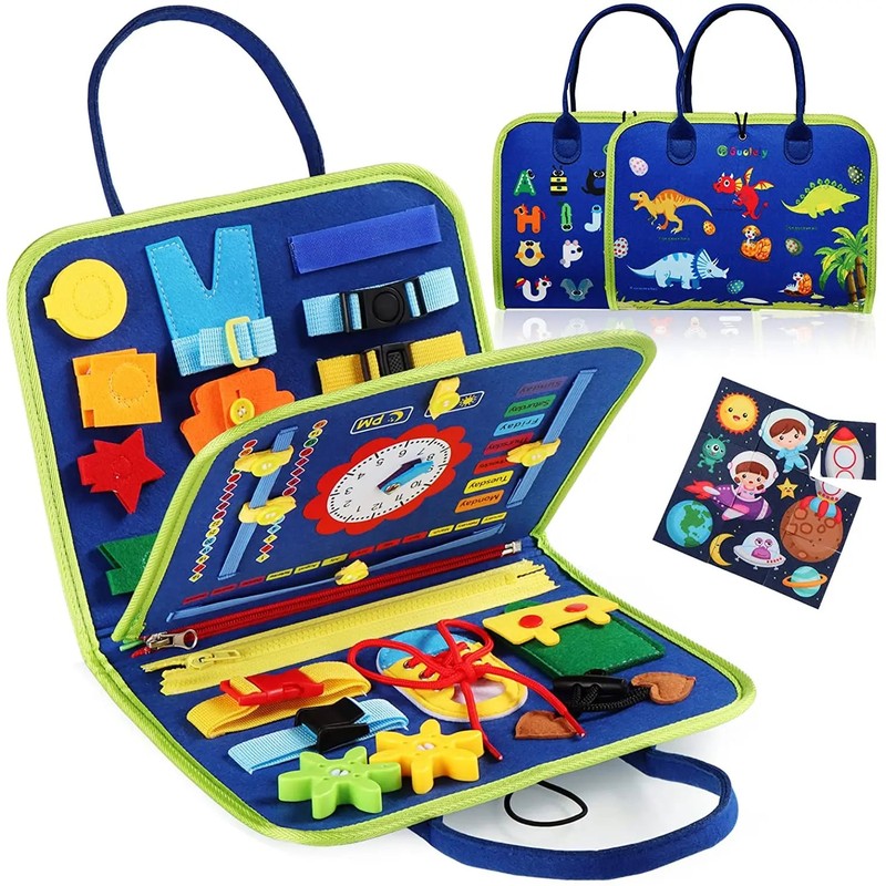 Tablero de actividades Montessori educativo para niños, estimula motricidad fina y aprendizaje.