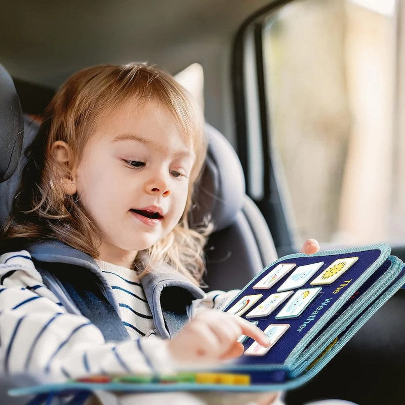 Tablero de actividades Montessori para niños, fomenta aprendizaje y desarrollo de motricidad.