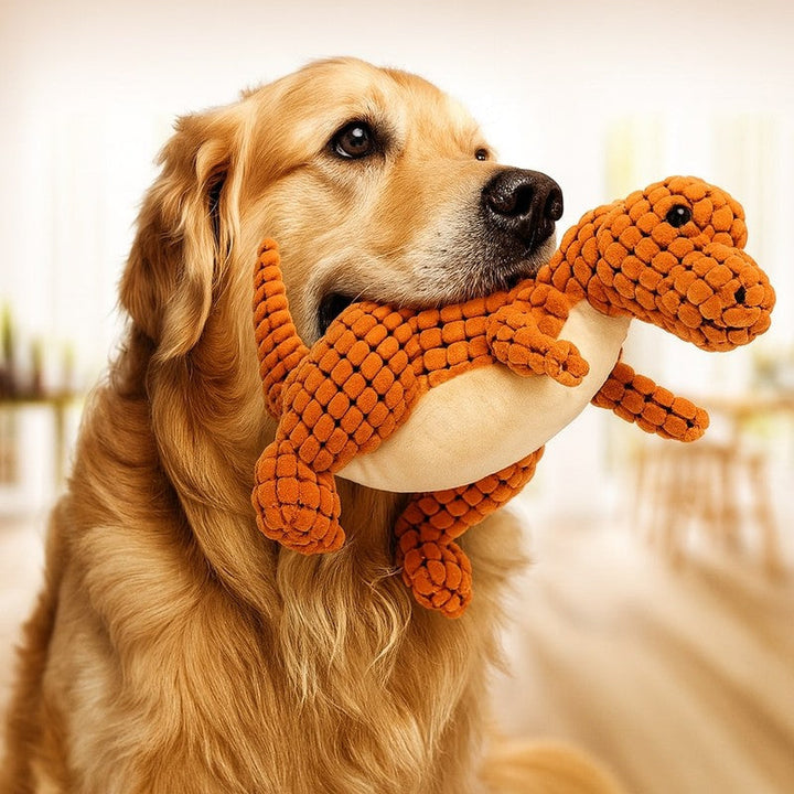 Juguete para perro dinosaurio T-Rex verde, resistente y duradero, ideal para horas de juego.