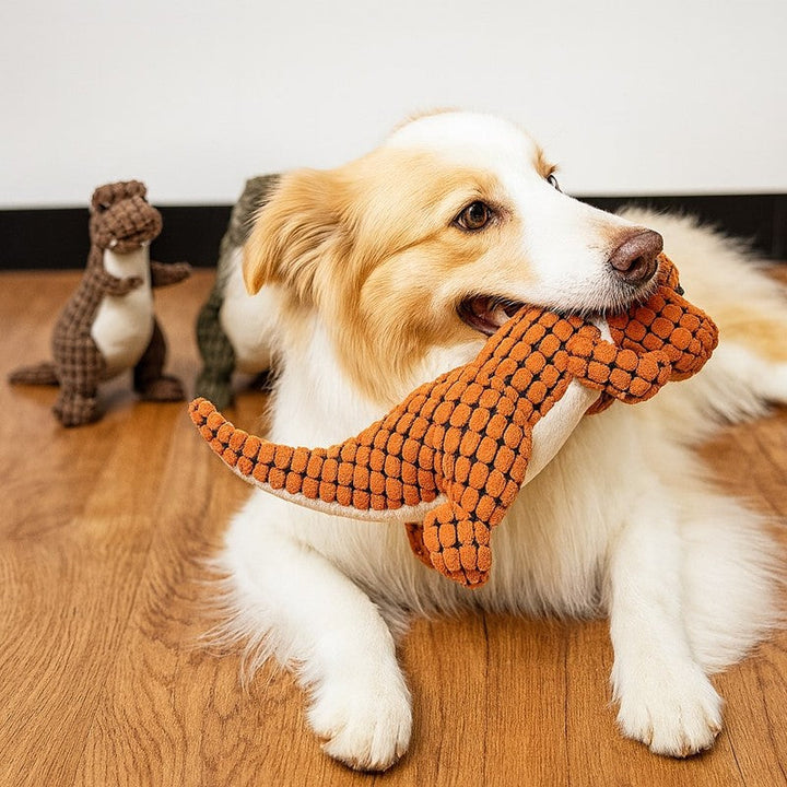 Divertido juguete de dinosaurio T-Rex para perros, ideal para jugar y masticar sin fin.