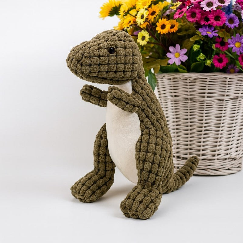 Juguete resistente de dinosaurio para perros activos, diseñado para soportar masticación y juegos rudos.