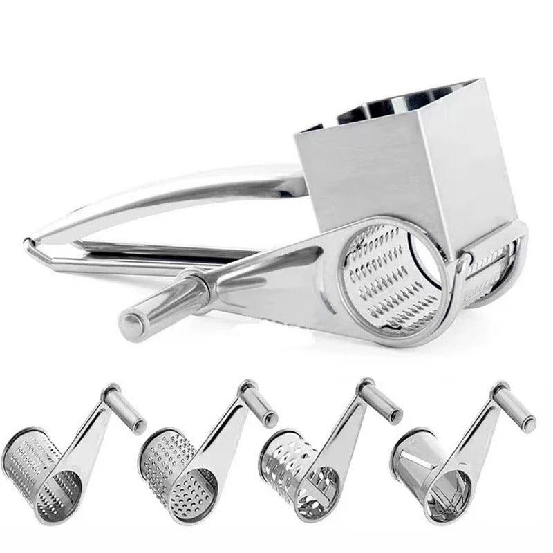 Rallador manual de acero inoxidable con tambores versátiles, perfecto para queso, vegetales. Mejora tu cocina.