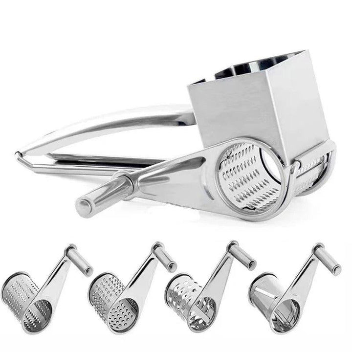Rallador manual de acero inoxidable con tambores versátiles, perfecto para queso, vegetales. Mejora tu cocina.