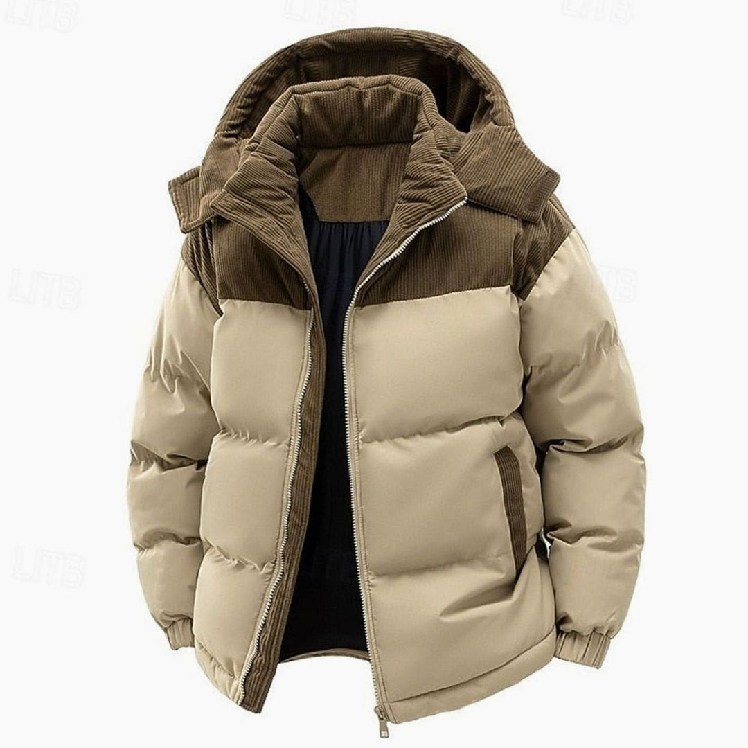 Chaqueta acolchada bicolor para hombre con capucha, ideal para el frío invierno.