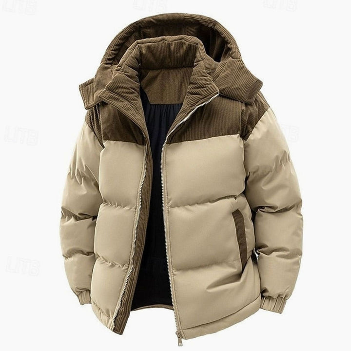 Chaqueta acolchada bicolor para hombre con capucha, ideal para el frío invierno.