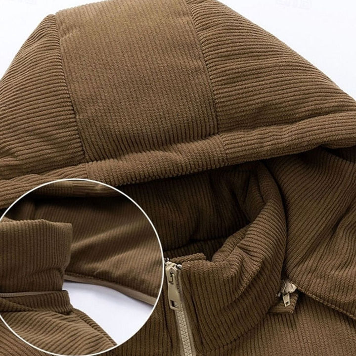 Chaqueta acolchada bicolor con capucha, estilo casual de moda masculina para invierno.