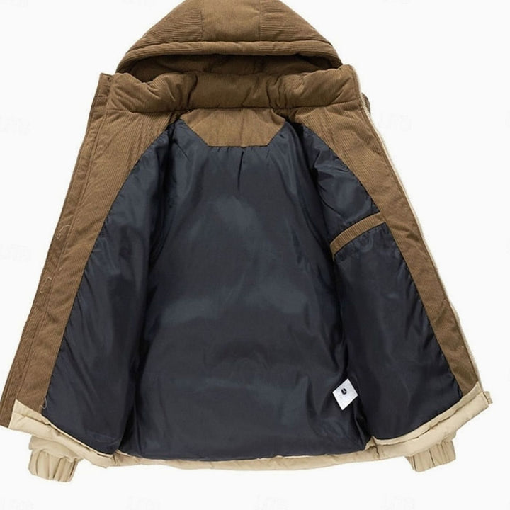 Cálida chaqueta de hombre acolchada y bicolor, con capucha, perfecta para el invierno.