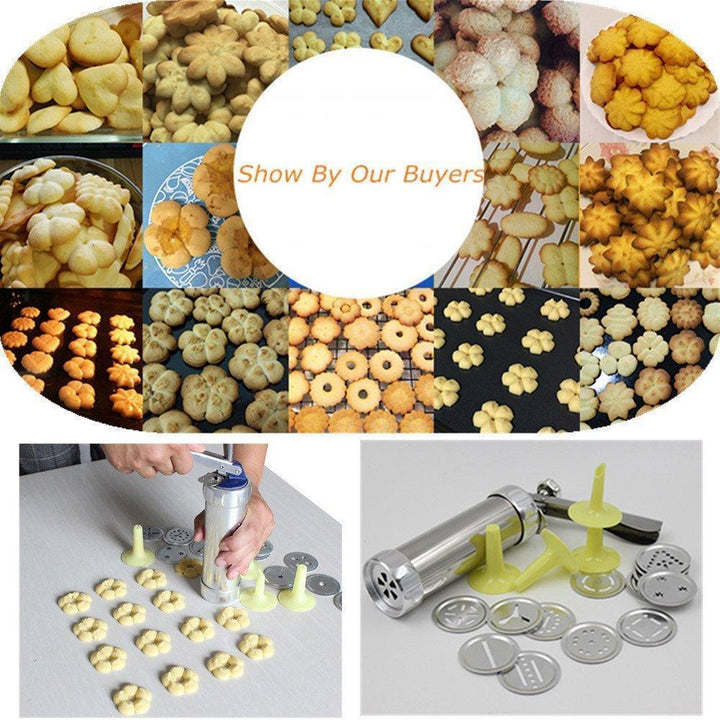 Utensilio de cocina: prensa de galletas manual de acero inoxidable creando galletas para hornear.