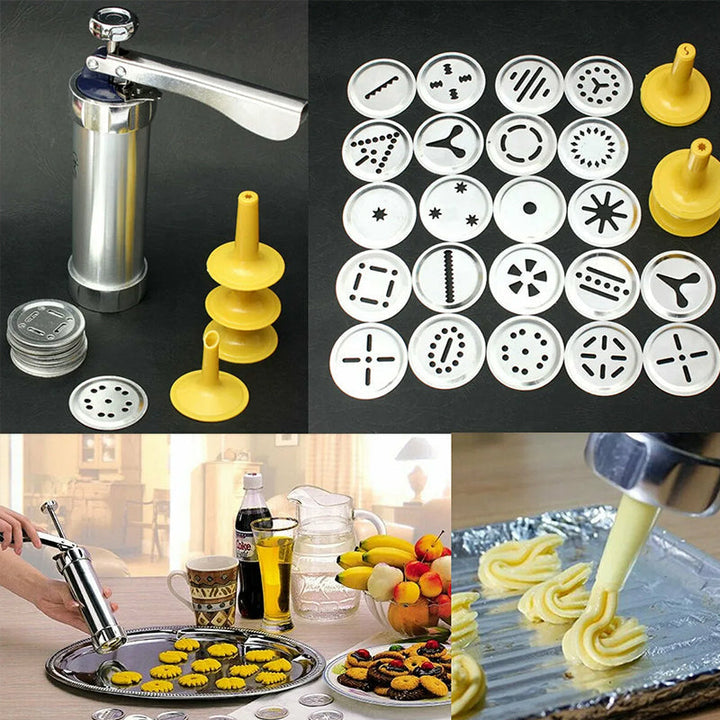 Mango ergonómico de prensa de galletas de acero inoxidable para fácil uso en repostería manual.