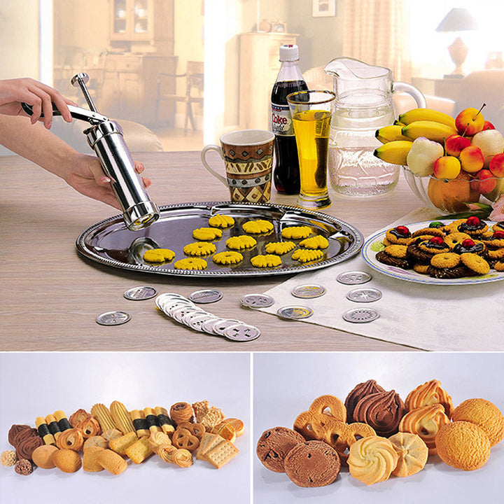 Set completo de prensa de galletas de acero inoxidable para repostería, incluye discos y boquillas.