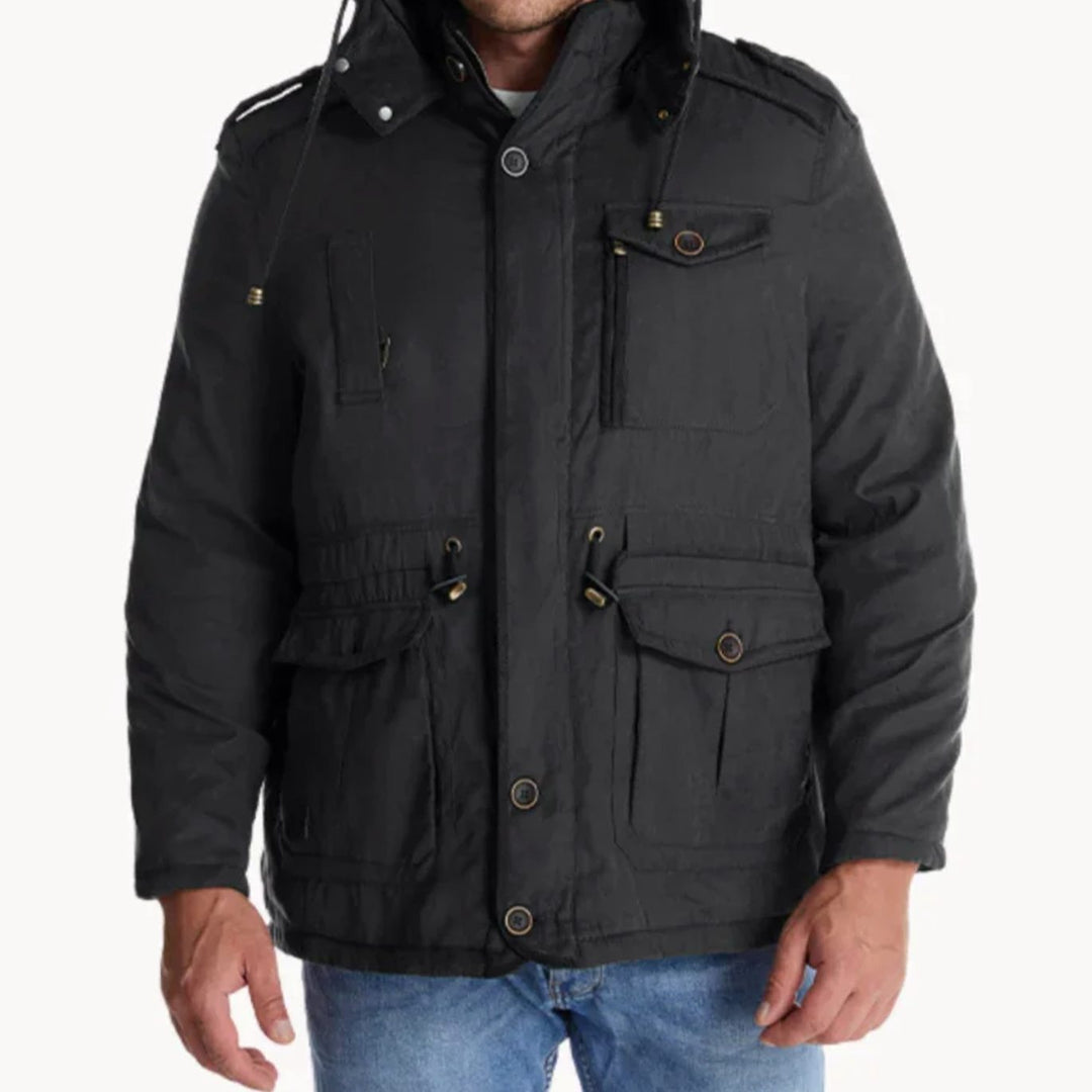 Abrigo parka de hombre acolchado con múltiples bolsillos y capucha para máxima calidez en climas fríos.