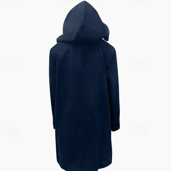 Abrigo clásico de invierno para hombre, largo con capucha y botones toggle. Color azul marino o negro. Mantente abrigado con estilo.
