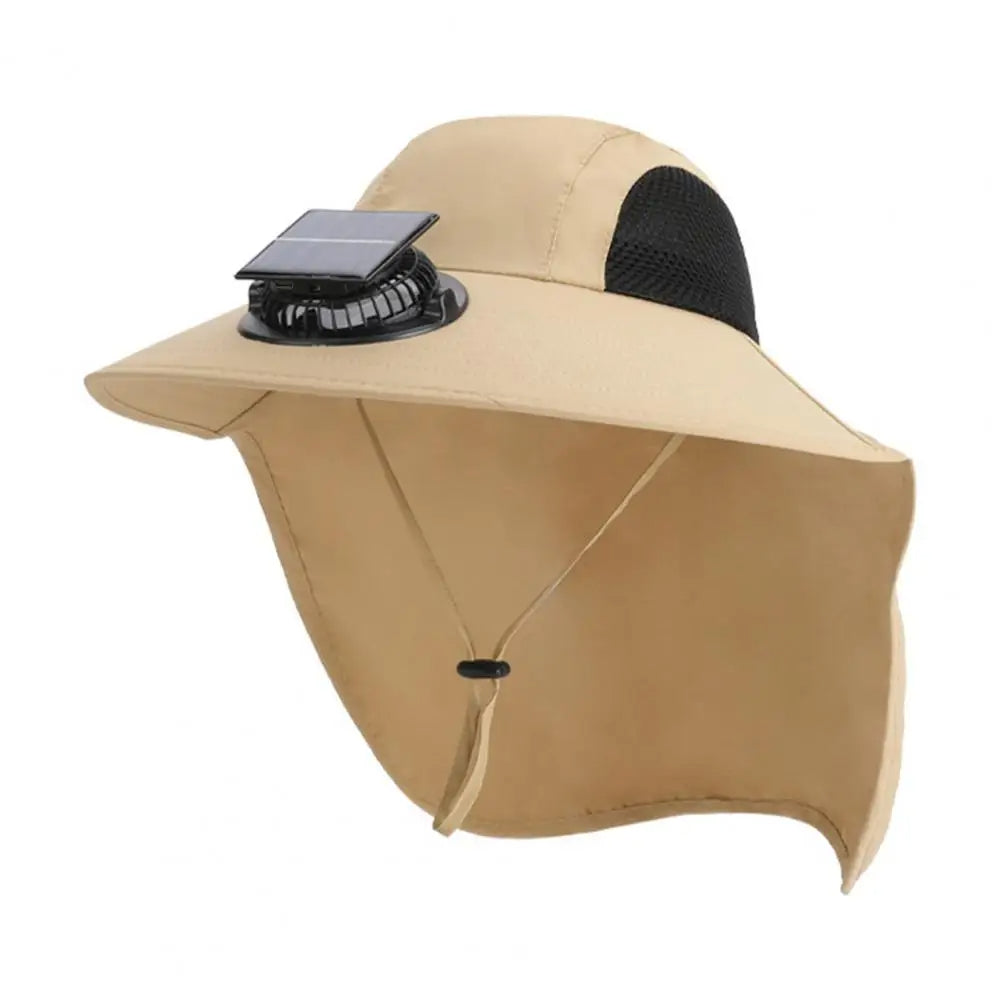 Sombrero solar recargable con ventilador, visera ancha y protección UV para prolongado frescor.