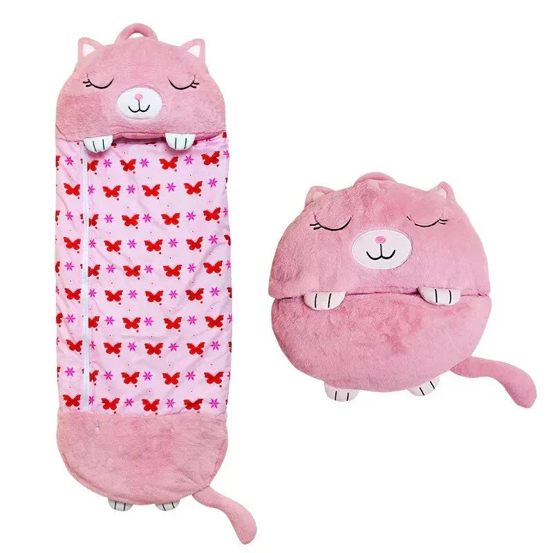 Juguete de abrazo de personaje para niños que se despliega en un saco de dormir cálido y cómodo.