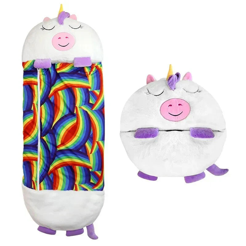 Saco de dormir infantil 2 en 1 con adorable personaje de juguete. Suave, acogedor y perfecto para el descanso.