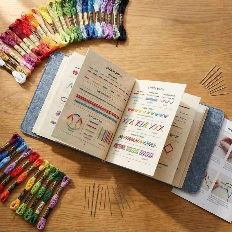 Kit de bordado para principiantes con libro de prácticas, hilos y aguja sobre tela de lino natural. Ideal para DIY.
