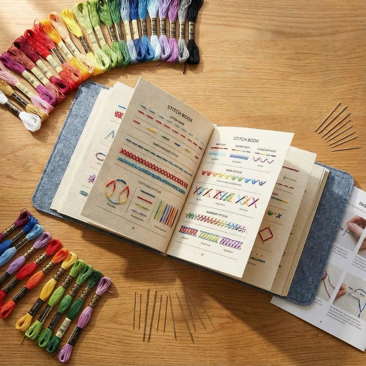 Kit de bordado para principiantes con libro de prácticas, hilos y aguja sobre tela de lino natural. Ideal para DIY.