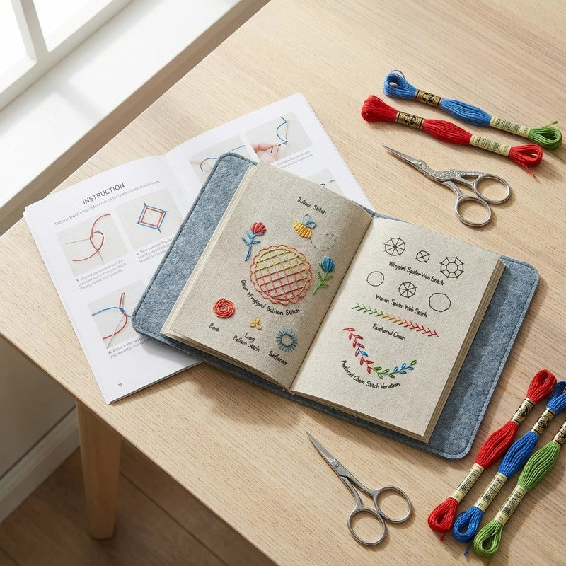 Kit completo de bordado DIY para principiantes: bastidor, hilos, agujas y tela de lino natural. Incluye libro de prácticas.