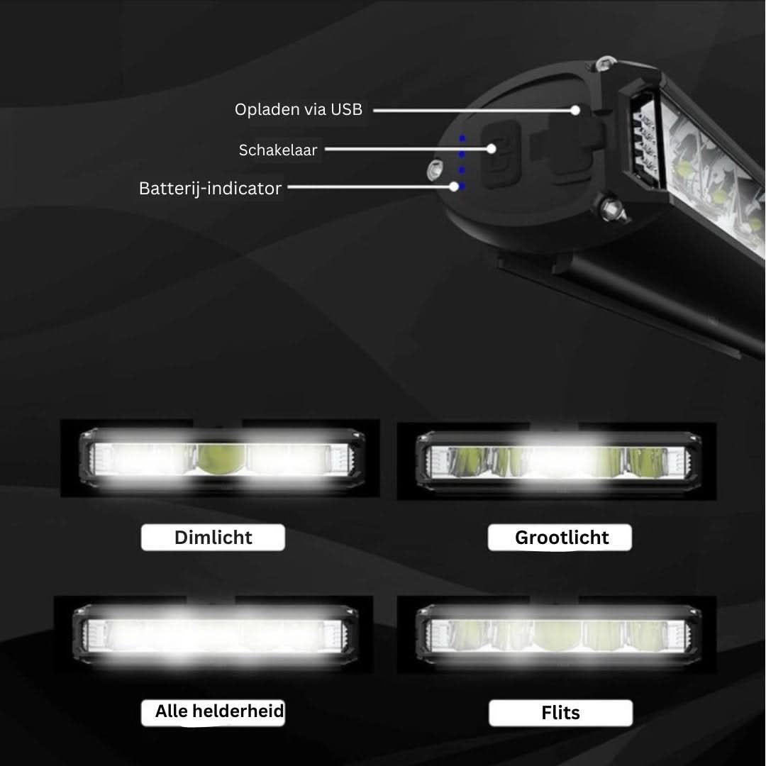 Detalle de luz LED delantera para bicicleta, 1400 lúmenes, con cable USB de carga. Accesorio impermeable de ciclismo.
