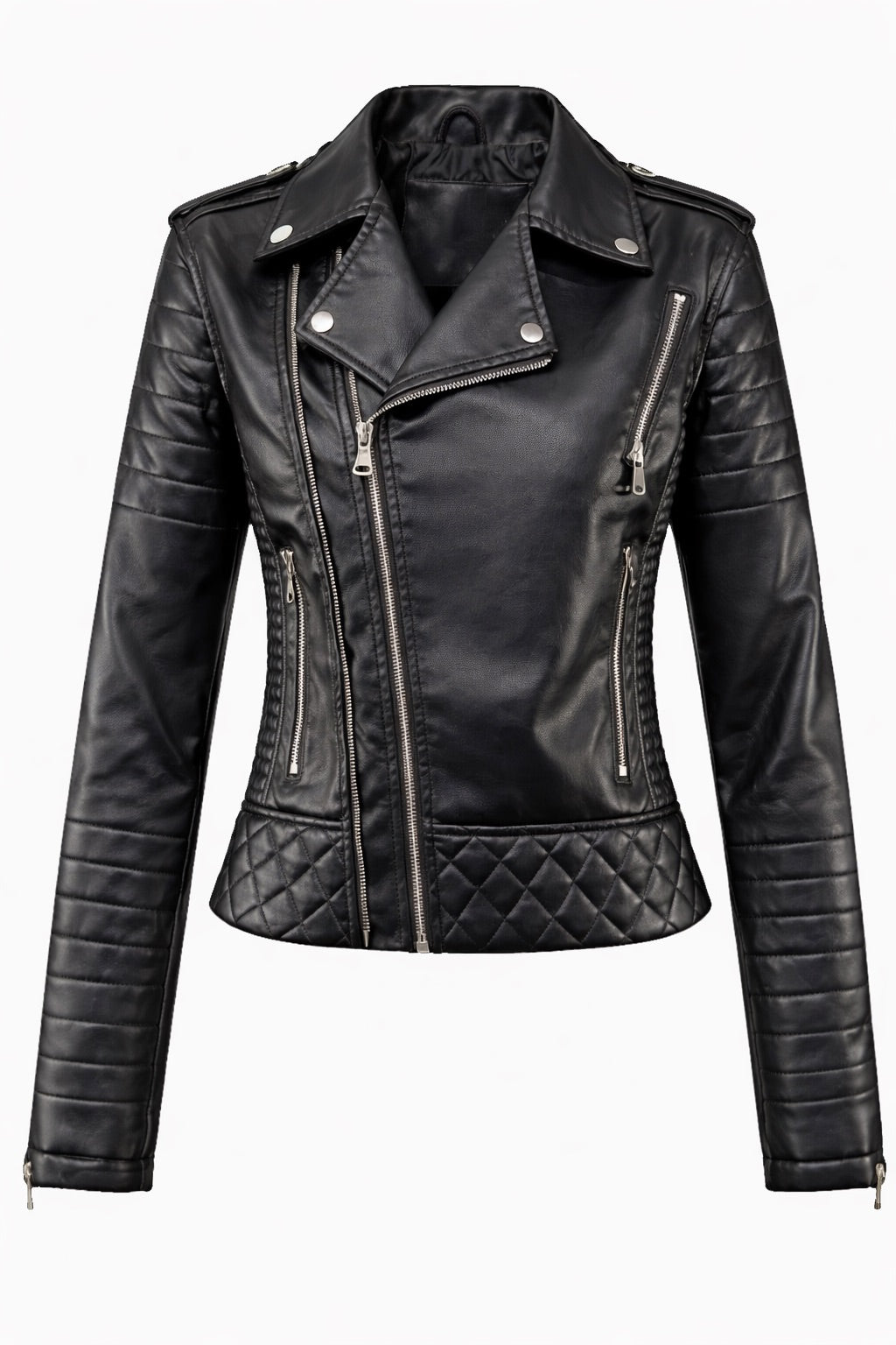 Chaqueta de moto de mujer negra, estilo audaz y protección urbana. Ideal para invierno y moda motociclista.