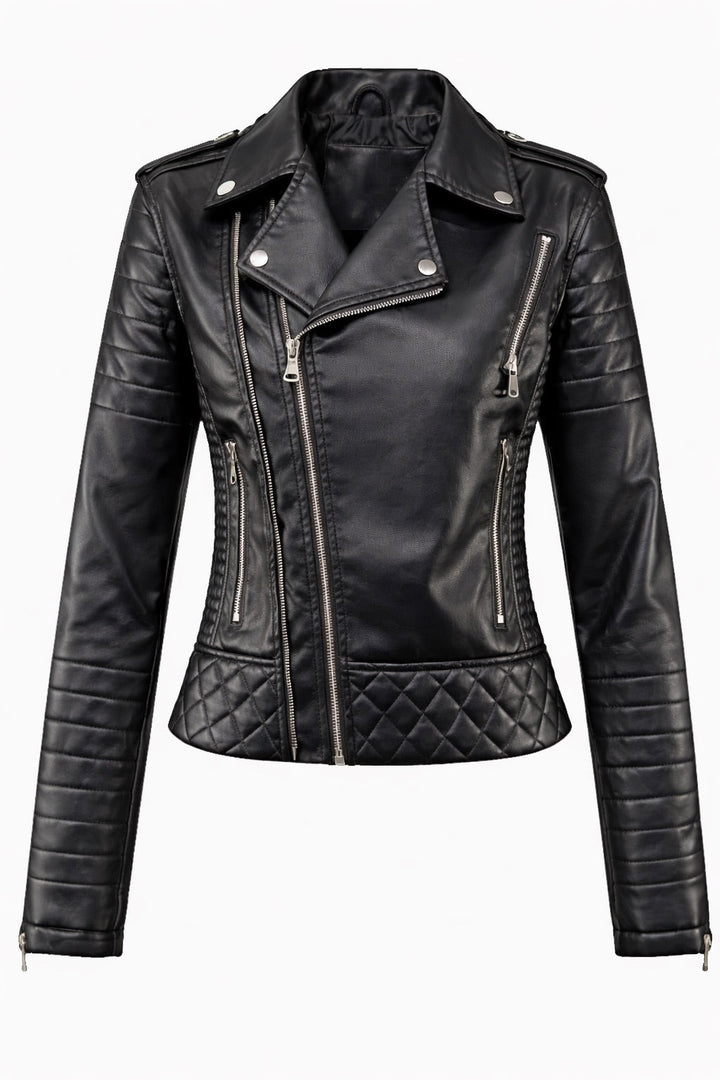 Chaqueta de moto de mujer negra, estilo audaz y protección urbana. Ideal para invierno y moda motociclista.