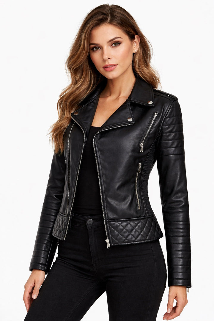 Chaqueta corta negra de mujer, estilo motociclista con cremallera, perfecta para moda urbana y abrigo de invierno.