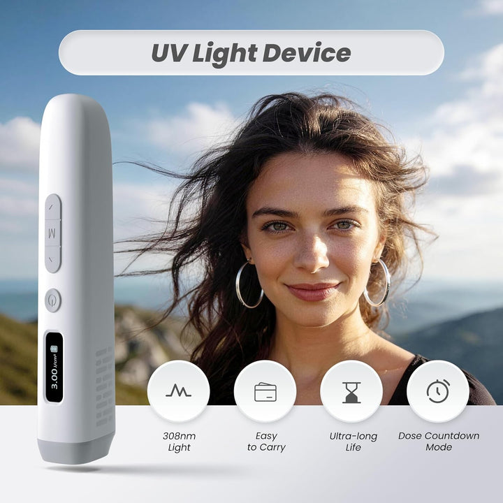 Dispositivo UVB 308nm compacto, fototerapia para cuidado piel, psoriasis, alopecia.