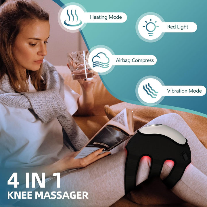 Masajeador inalámbrico recargable para rodillas, hombros y codos. Ofrece terapia de calor, luz roja y compresión.
