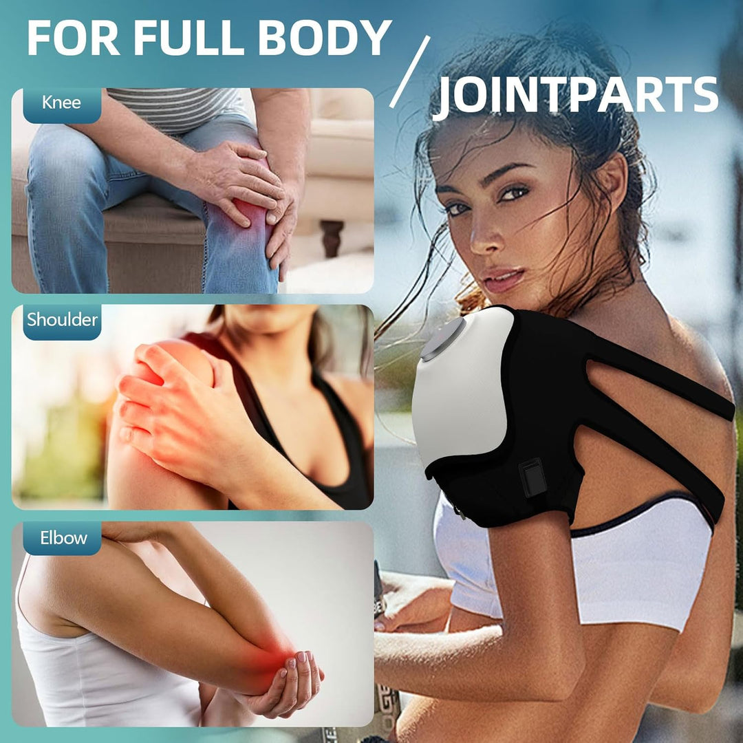 Masajeador de rodilla inalámbrico con calor y luz roja para recuperación muscular, alivio de dolor y cuidado articular.