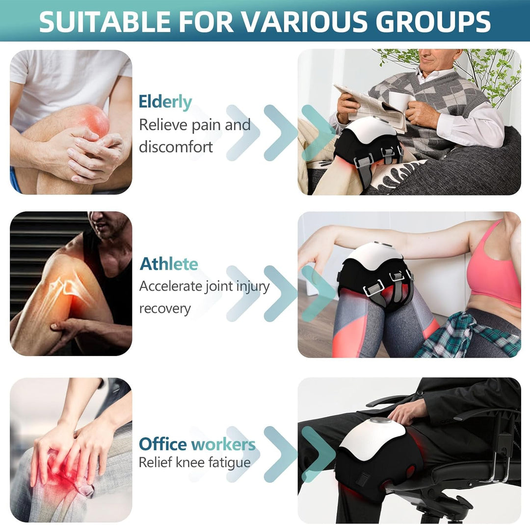Disfruta de bienestar con masajeador de rodilla inalámbrico. Terapia de calor, luz roja y compresión para confort.