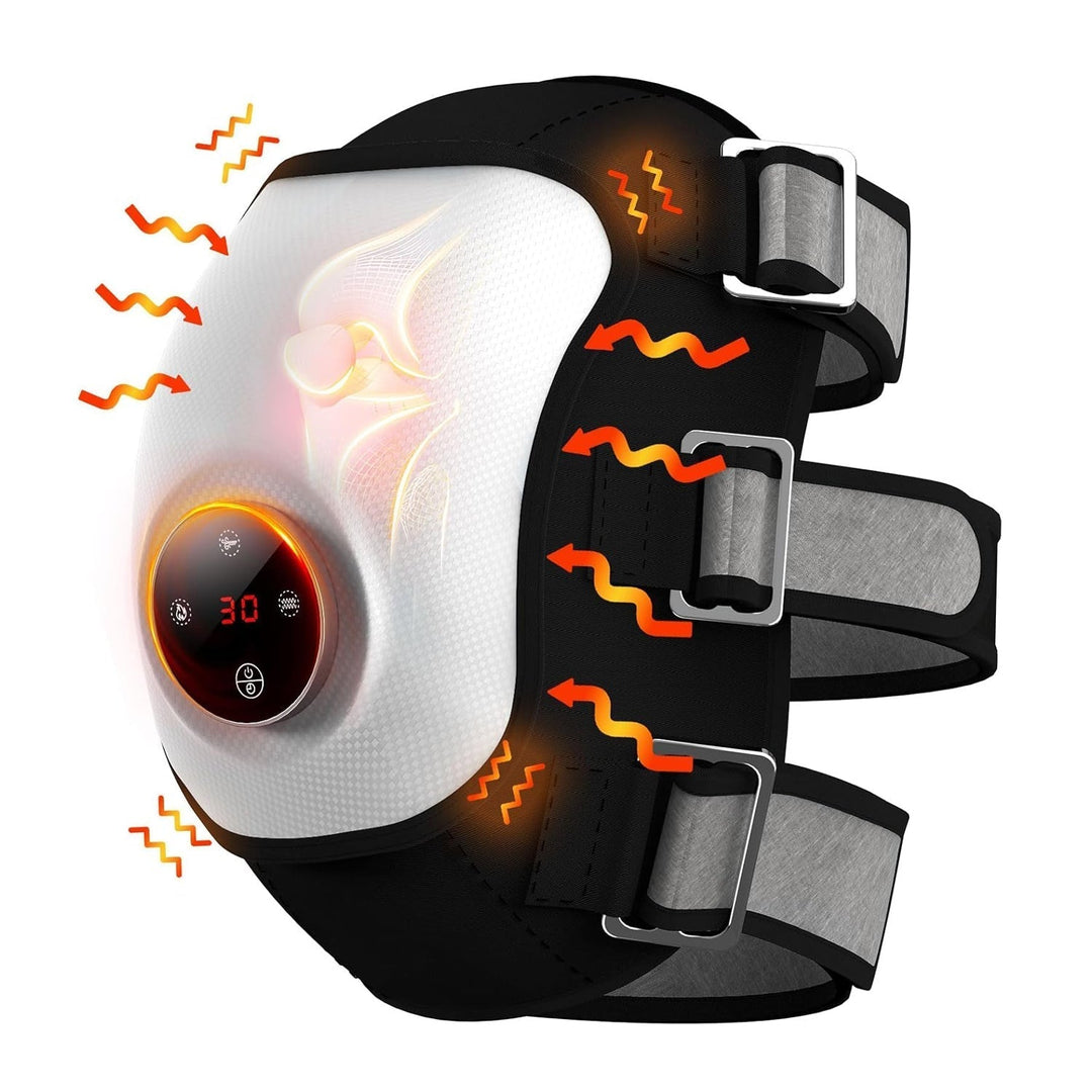 Masajeador de rodilla inalámbrico con calor y luz roja, ideal para alivio del dolor y recuperación articular.