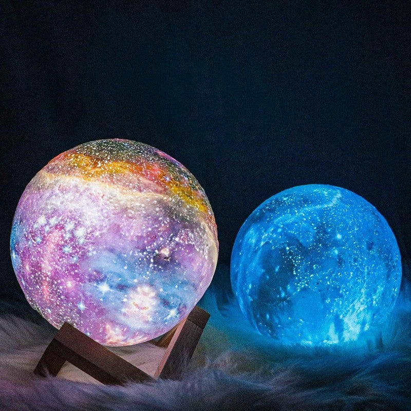 Lámpara de luna galaxia LED con 16 colores y control remoto, ideal para decoración de dormitorio o luz nocturna.